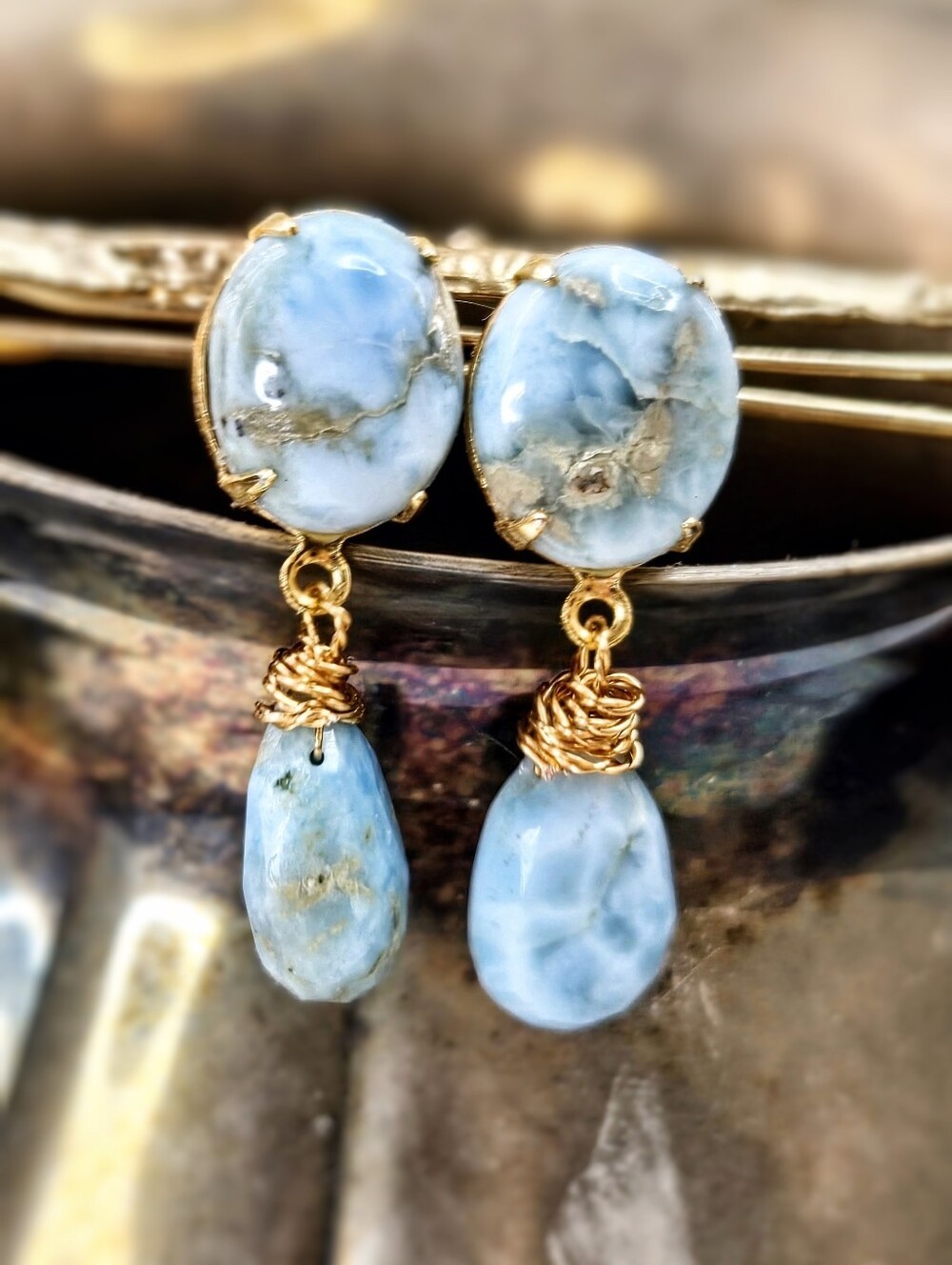 Artisan-Made Natural Sky Blue Larimar in Gold Plated Drop Earrings